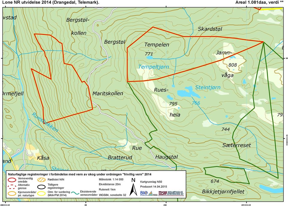 Rosland Kåsa Bratterud Rue Haugstøl Sæterreset 6563000mN R38 Gjerdkåsa Steinskota Kleivrud Naturfaglige registreringer i forbindelse med vern av skog under ordningen "frivillig vern" 2014