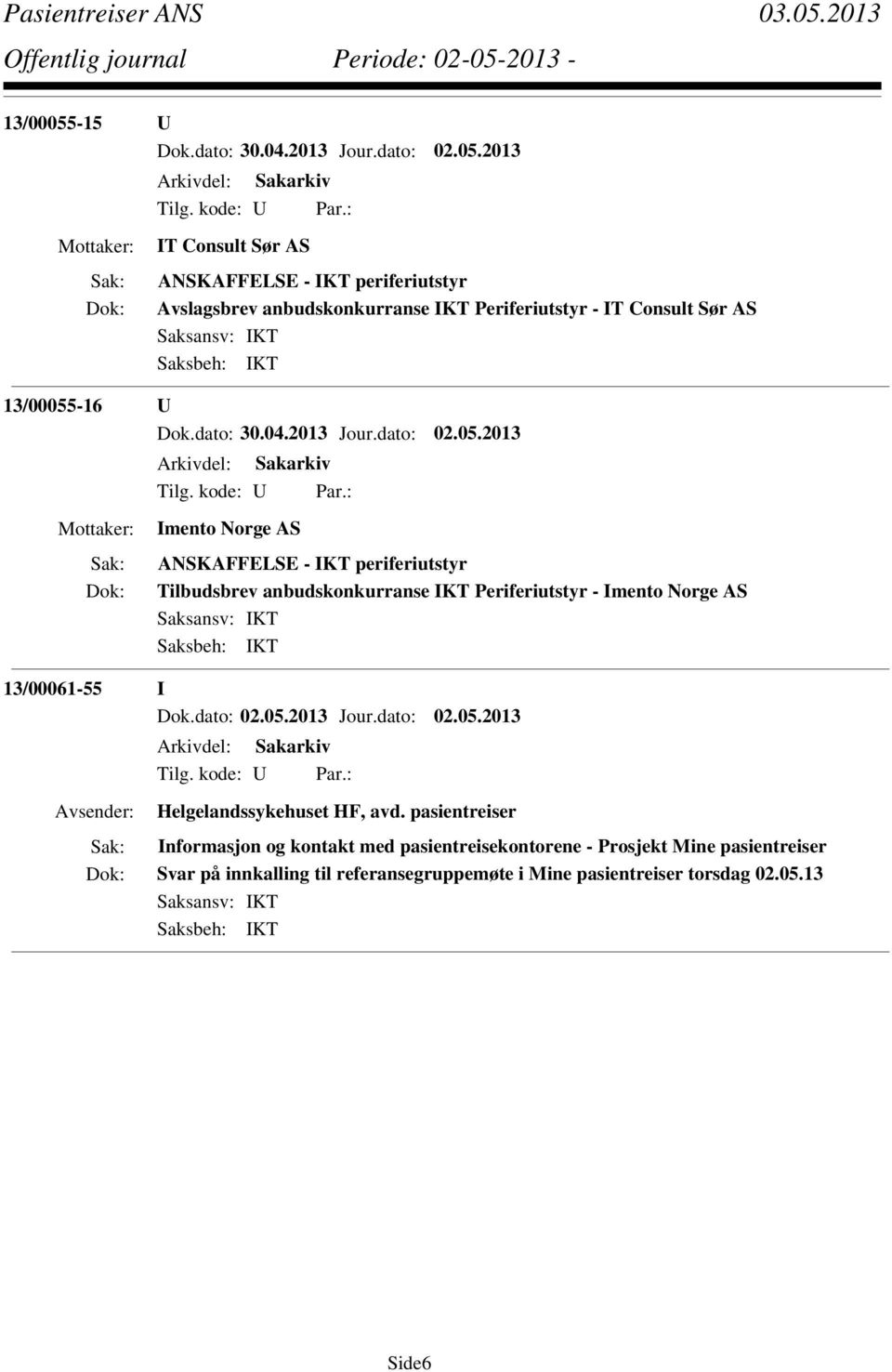 2013 IT Consult Sør AS ANSKAFFELSE - IKT periferiutstyr Avslagsbrev anbudskonkurranse IKT Periferiutstyr - IT Consult Sør AS -16 U Dok.