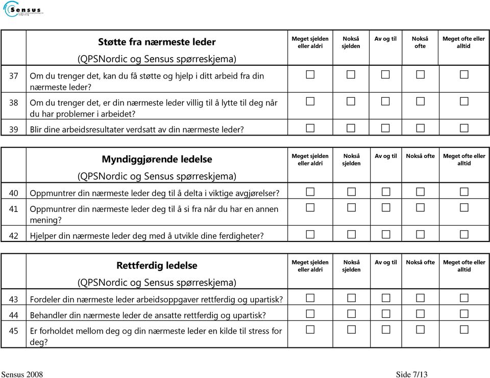 Myndiggjørende ledelse eller 40 Oppmuntrer din nærmeste leder deg til å delta i viktige avgjørelser? 41 Oppmuntrer din nærmeste leder deg til å si fra når du har en annen mening?