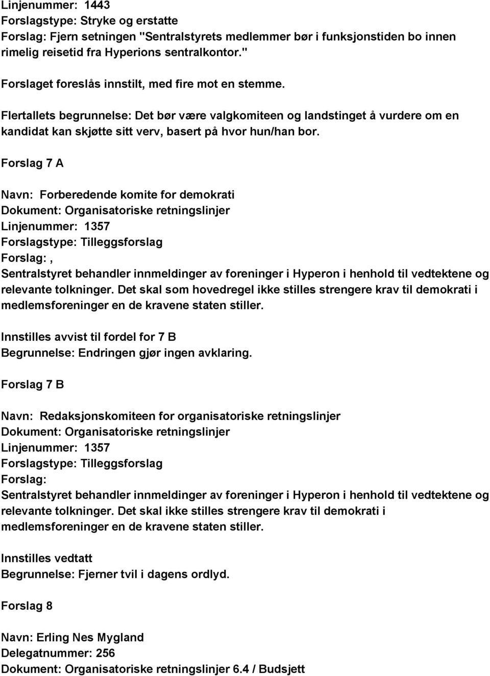 Forslag 7 A Navn: Forberedende komite for demokrati Linjenummer: 1357 Forslagstype: Tilleggsforslag, Sentralstyret behandler innmeldinger av foreninger i Hyperon i henhold til vedtektene og relevante