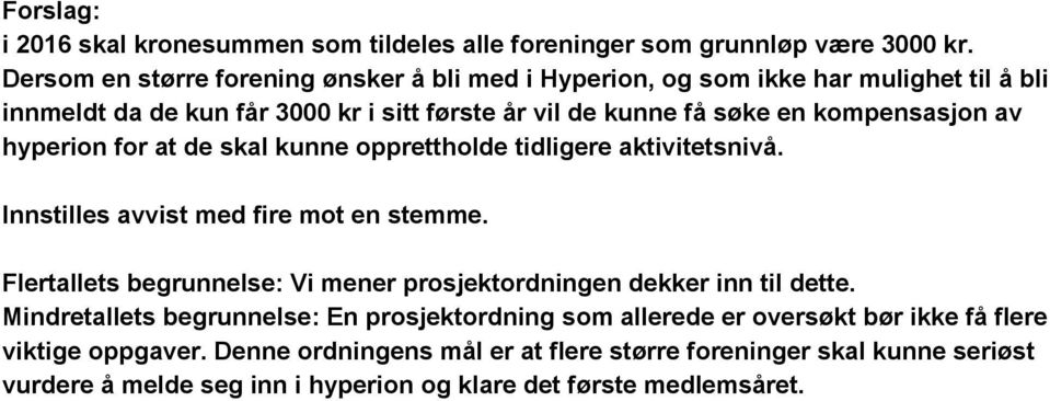 kompensasjon av hyperion for at de skal kunne opprettholde tidligere aktivitetsnivå. Innstilles avvist med fire mot en stemme.