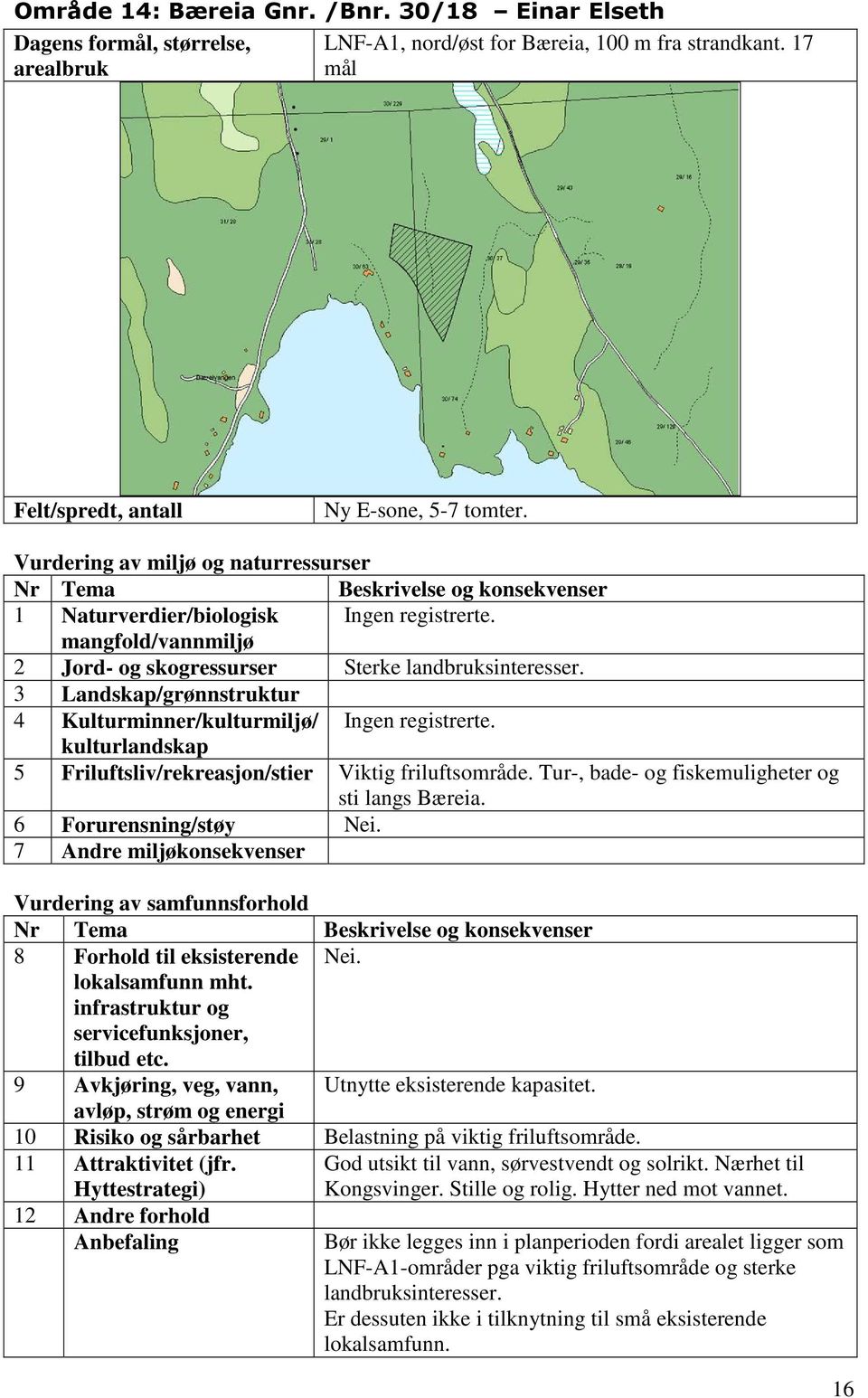 6 Forurensning/støy Nei. 8 Forhold til eksisterende Nei. Utnytte eksisterende kapasitet. 10 Risiko og sårbarhet Belastning på viktig friluftsområde. God utsikt til vann, sørvestvendt og solrikt.