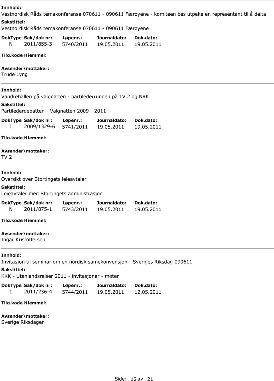 TV 2 Oversikt over Stortingets leieavtaler Leieavtaler med Stortingets administrasjon N 2011/875-1 5743/2011 ngar Kristoffersen nvitasjon til seminar om en