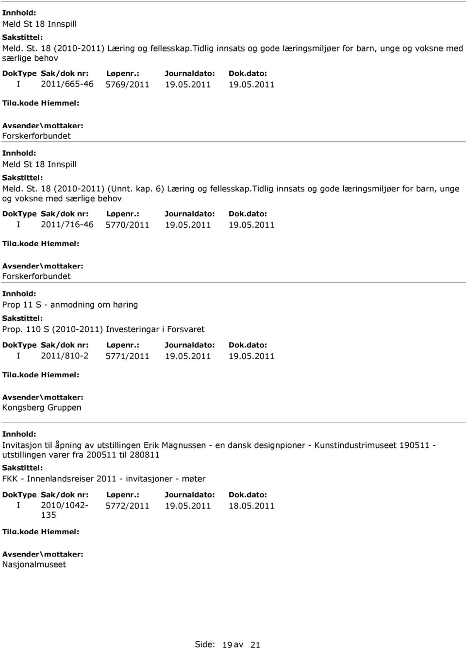 6) Læring og fellesskap.tidlig innsats og gode læringsmiljøer for barn, unge og voksne med særlige behov 2011/716-46 5770/2011 Forskerforbundet Prop 11 S - anmodning om høring Prop.