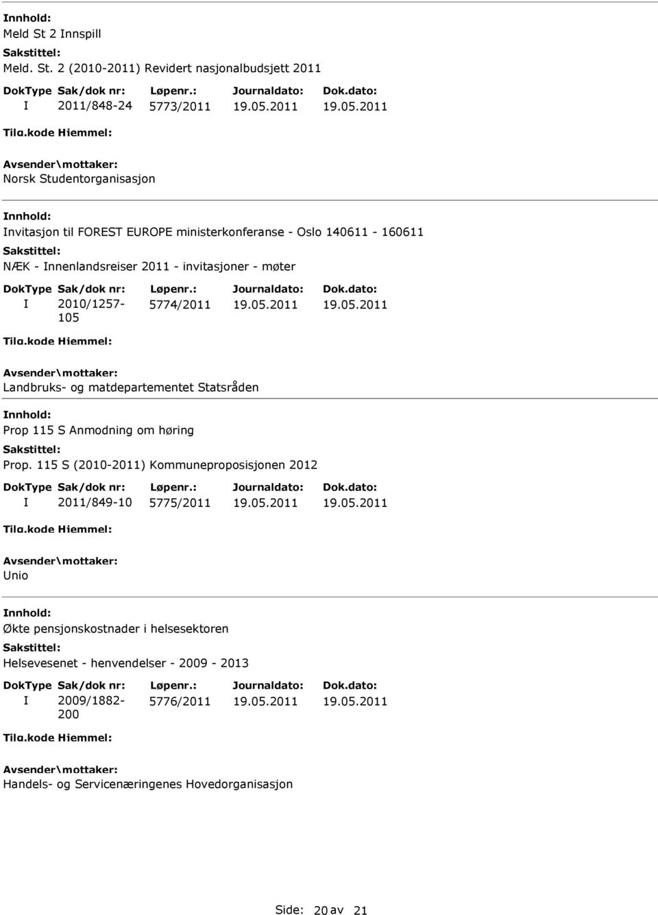 2 (2010-2011) Revidert nasjonalbudsjett 2011 2011/848-24 5773/2011 Norsk Studentorganisasjon nvitasjon til FOREST EROPE ministerkonferanse -