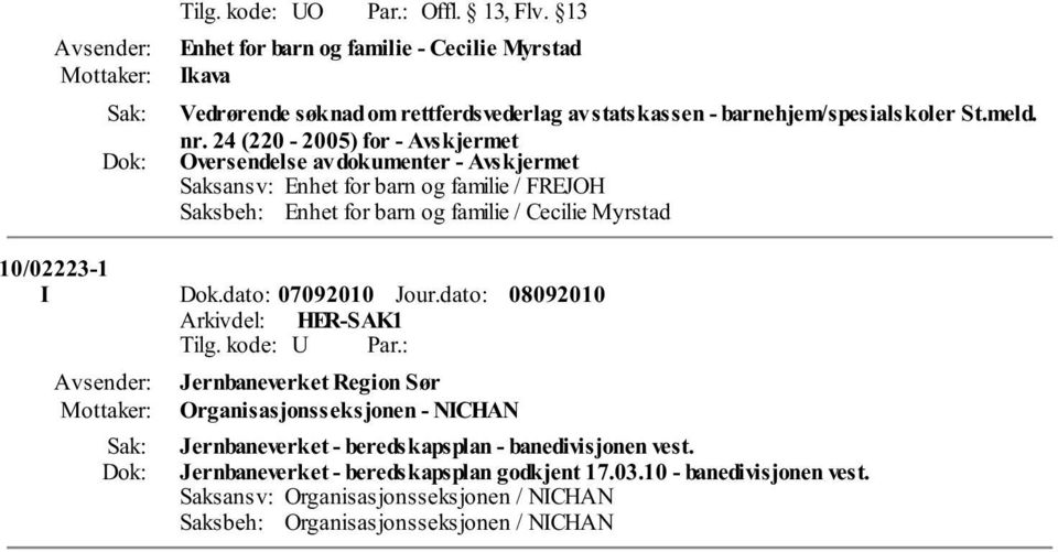 24 (220-2005) for - Avskjermet Oversendelse av dokumenter - Avskjermet Saksansv: Enhet for barn og familie / FREJOH Saksbeh: Enhet for barn og familie / Cecilie