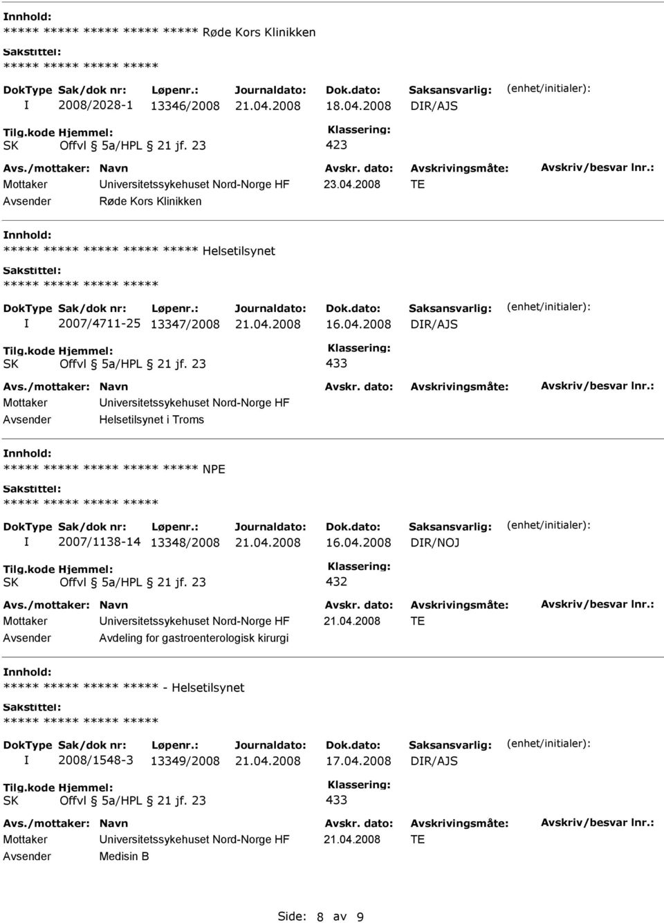 2008 DR/AJS 433 Mottaker niversitetssykehuset Nord-Norge HF Helsetilsynet i Troms ***** NPE 2007/1138-14 13348/2008 16.04.
