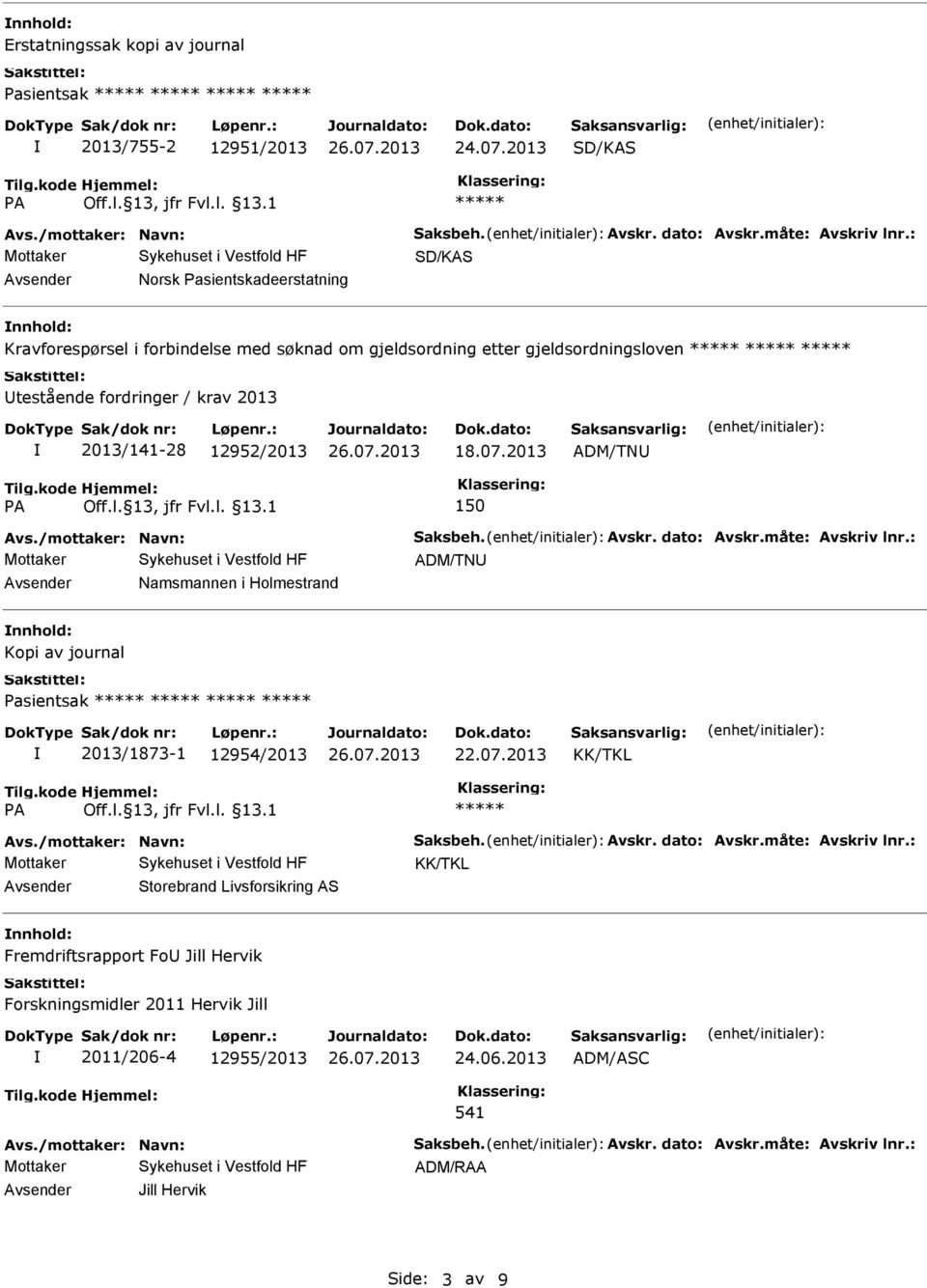 2013 ADM/TN 150 Avs./mottaker: Navn: Saksbeh. Avskr. dato: Avskr.måte: Avskriv lnr.: ADM/TN Namsmannen i Holmestrand nnhold: Kopi av journal Pasientsak 2013/1873-1 12954/2013 22.07.2013 KK/TKL Avs.