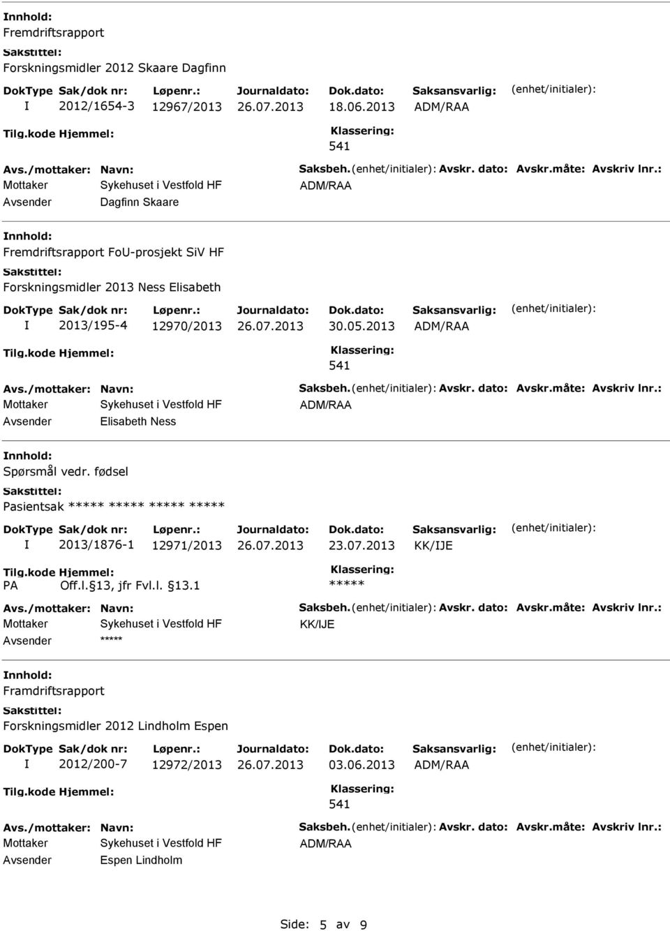 måte: Avskriv lnr.: Elisabeth Ness nnhold: Spørsmål vedr. fødsel Pasientsak 2013/1876-1 12971/2013 23.07.2013 KK/JE Avs./mottaker: Navn: Saksbeh. Avskr. dato: Avskr.