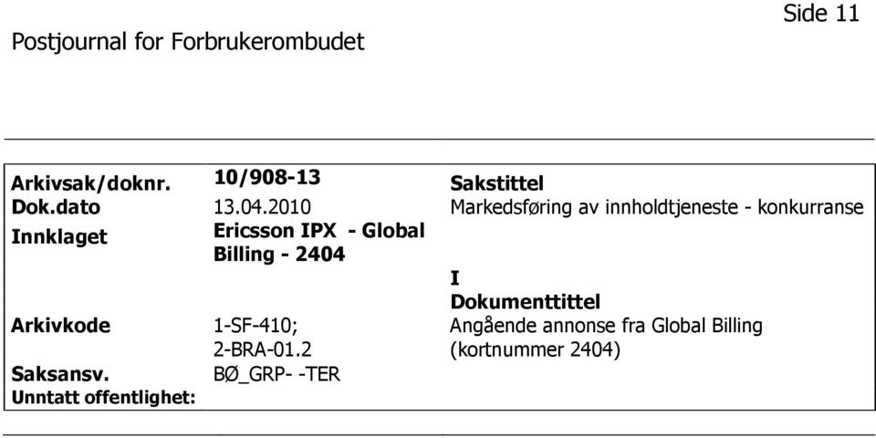 Ericsson PX - Global Billing - 2404 1-SF-410; 2-BRA-01.