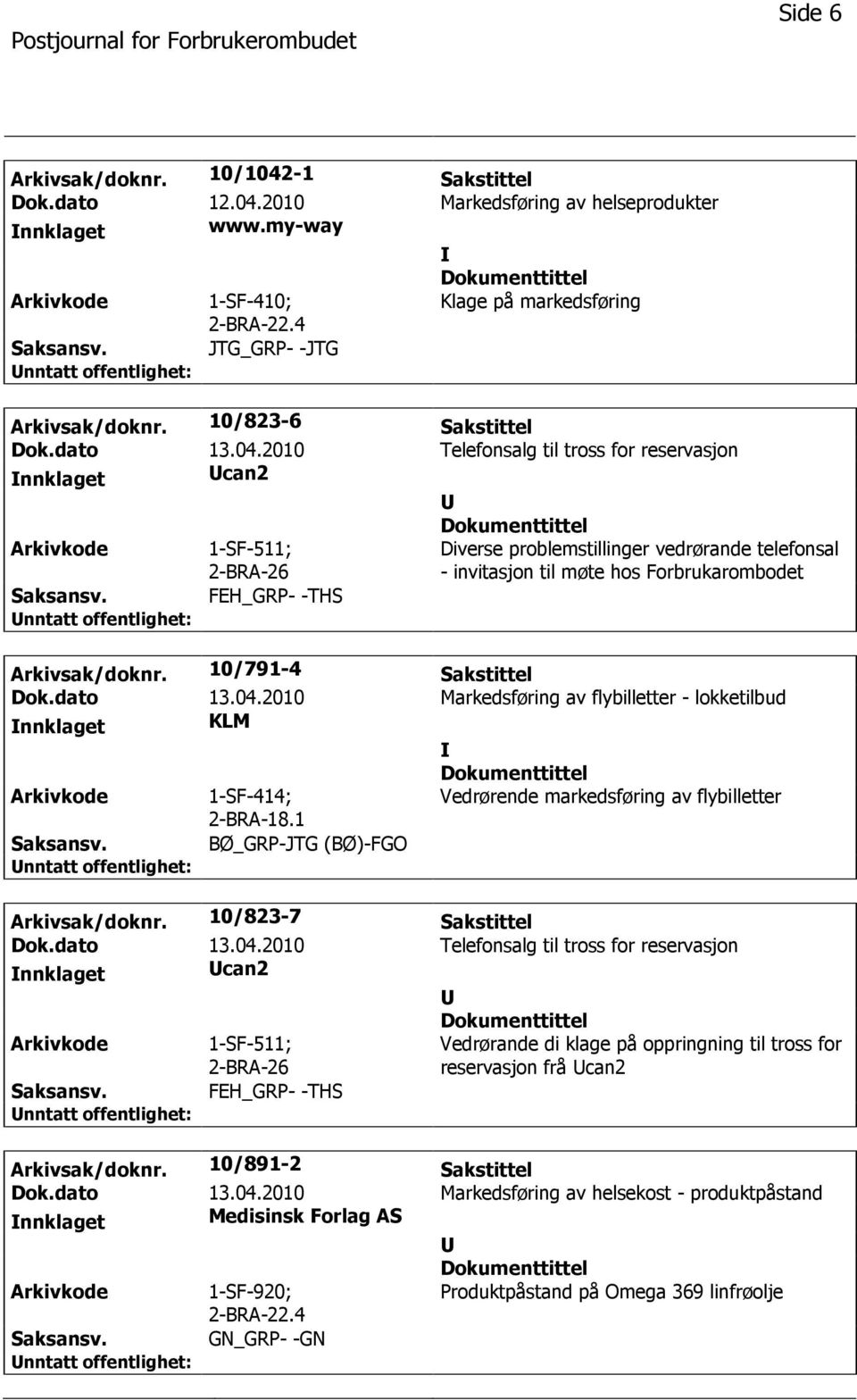 2010 Telefonsalg til tross for reservasjon nnklaget can2 1-SF-511; 2-BRA-26 Diverse problemstillinger vedrørande telefonsal - invitasjon til møte hos Forbrukarombodet FEH_GRP- -THS Arkivsak/doknr.