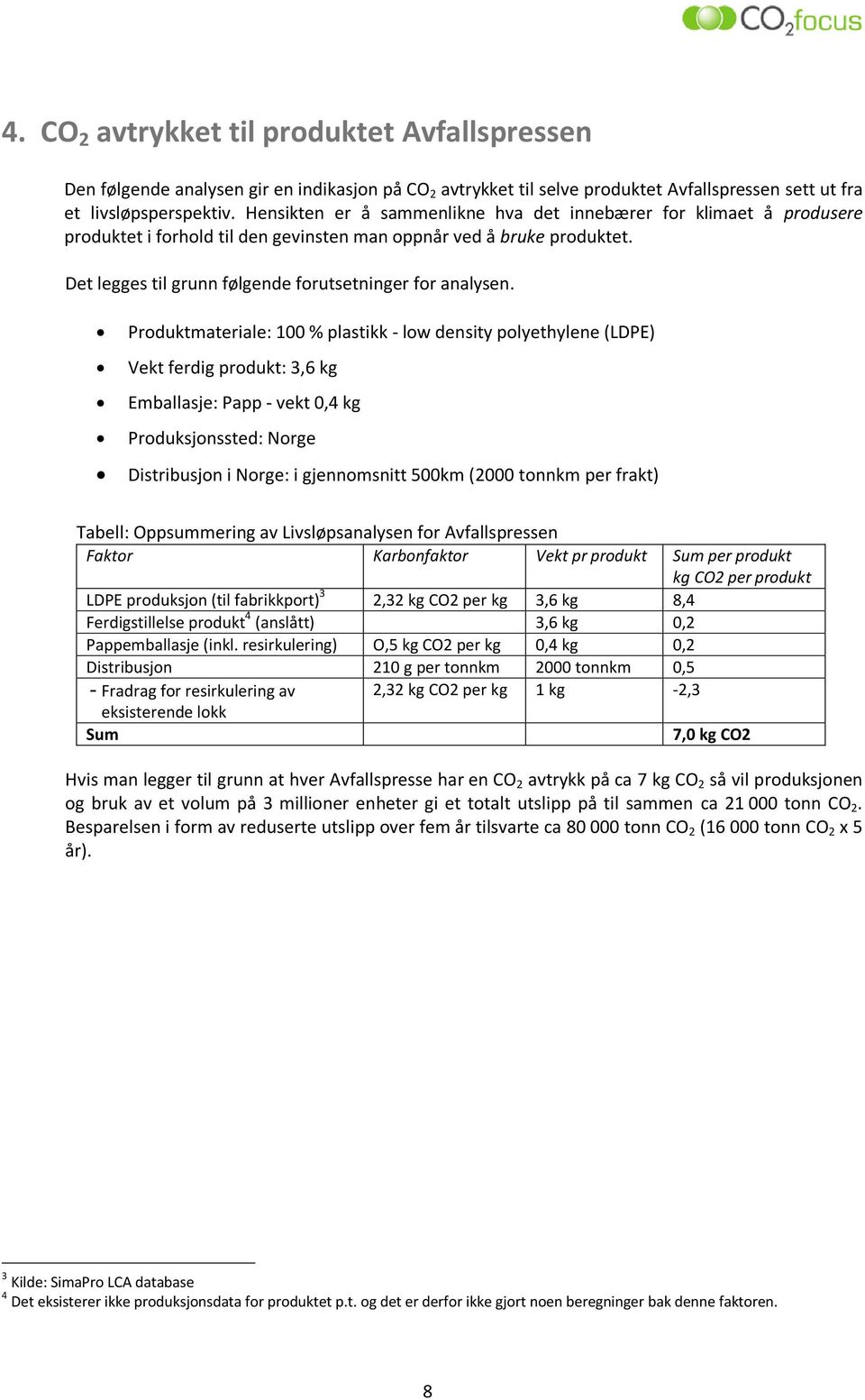 Produktmateriale: 100 % plastikk - low density polyethylene (LDPE) Vekt ferdig produkt: 3,6 kg Emballasje: Papp - vekt 0,4 kg Produksjonssted: Norge Distribusjon i Norge: i gjennomsnitt 500km (2000