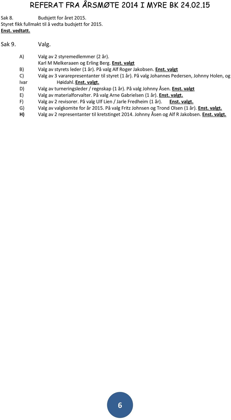 På valg Johnny Åsen. Enst. valgt E) Valg av materialforvalter. På valg Arne Gabrielsen (1 år). Enst. valgt. F) Valg av 2 revisorer. På valg Ulf Lien / Jarle Fredheim (1 år). Enst. valgt. G) Valg av valgkomite for år 2015.