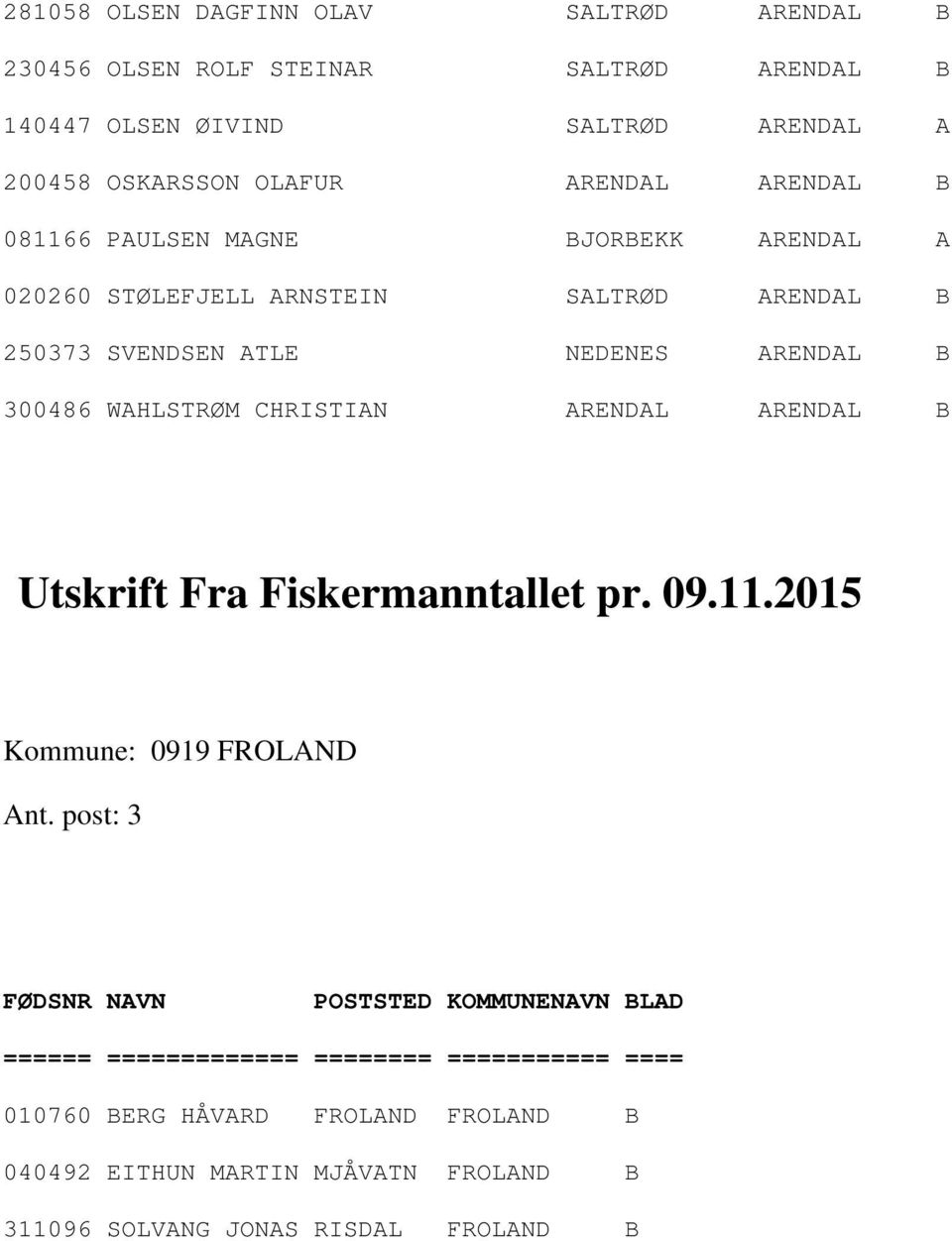 ARENDAL B 300486 WAHLSTRØM CHRISTIAN ARENDAL ARENDAL B Utskrift Fra Fiskermanntallet pr. 09.11.2015 Kommune: 0919 FROLAND Ant.