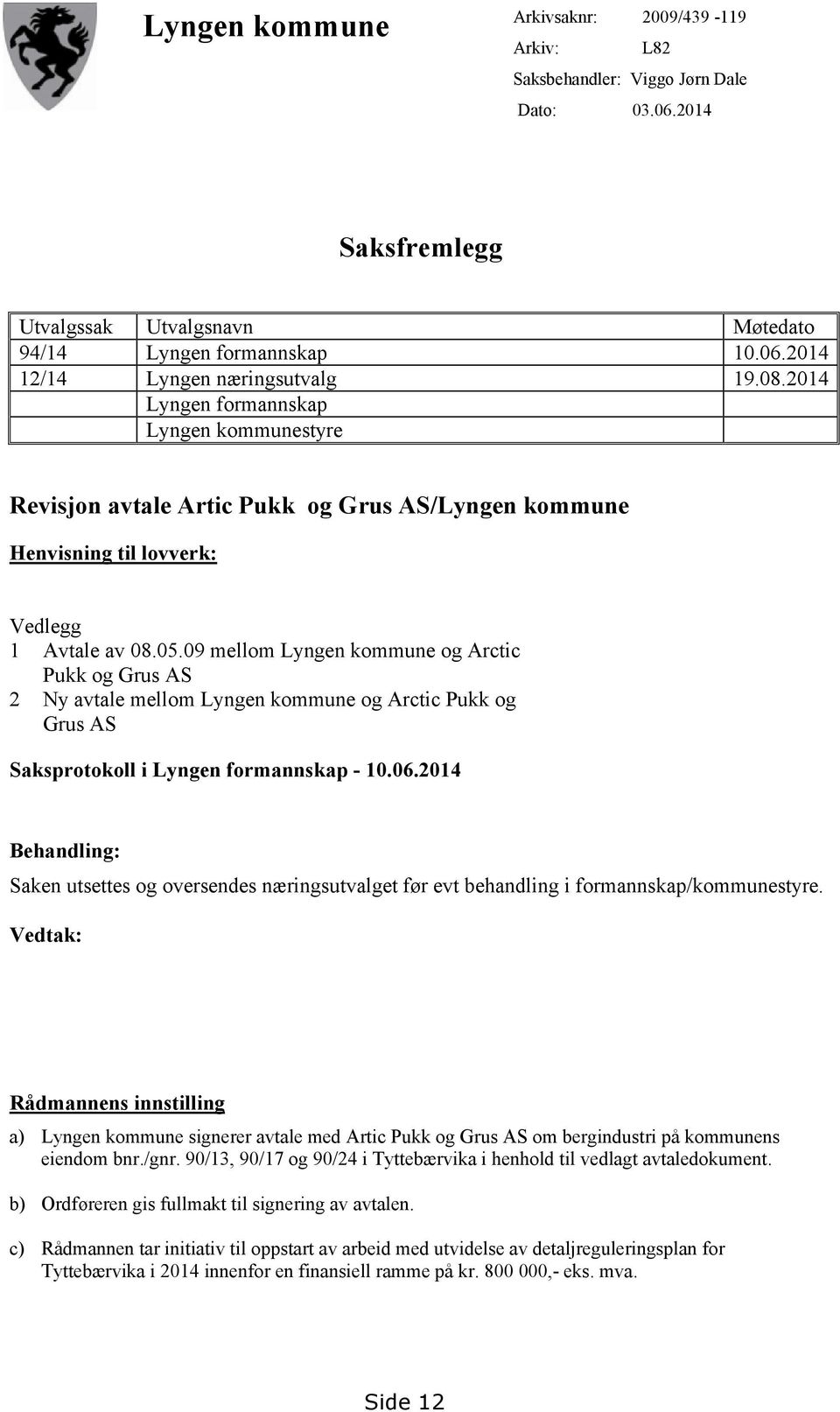 09 mellom Lyngen kommune og Arctic Pukk og Grus AS 2 Ny avtale mellom Lyngen kommune og Arctic Pukk og Grus AS Saksprotokoll i Lyngen formannskap - 10.06.