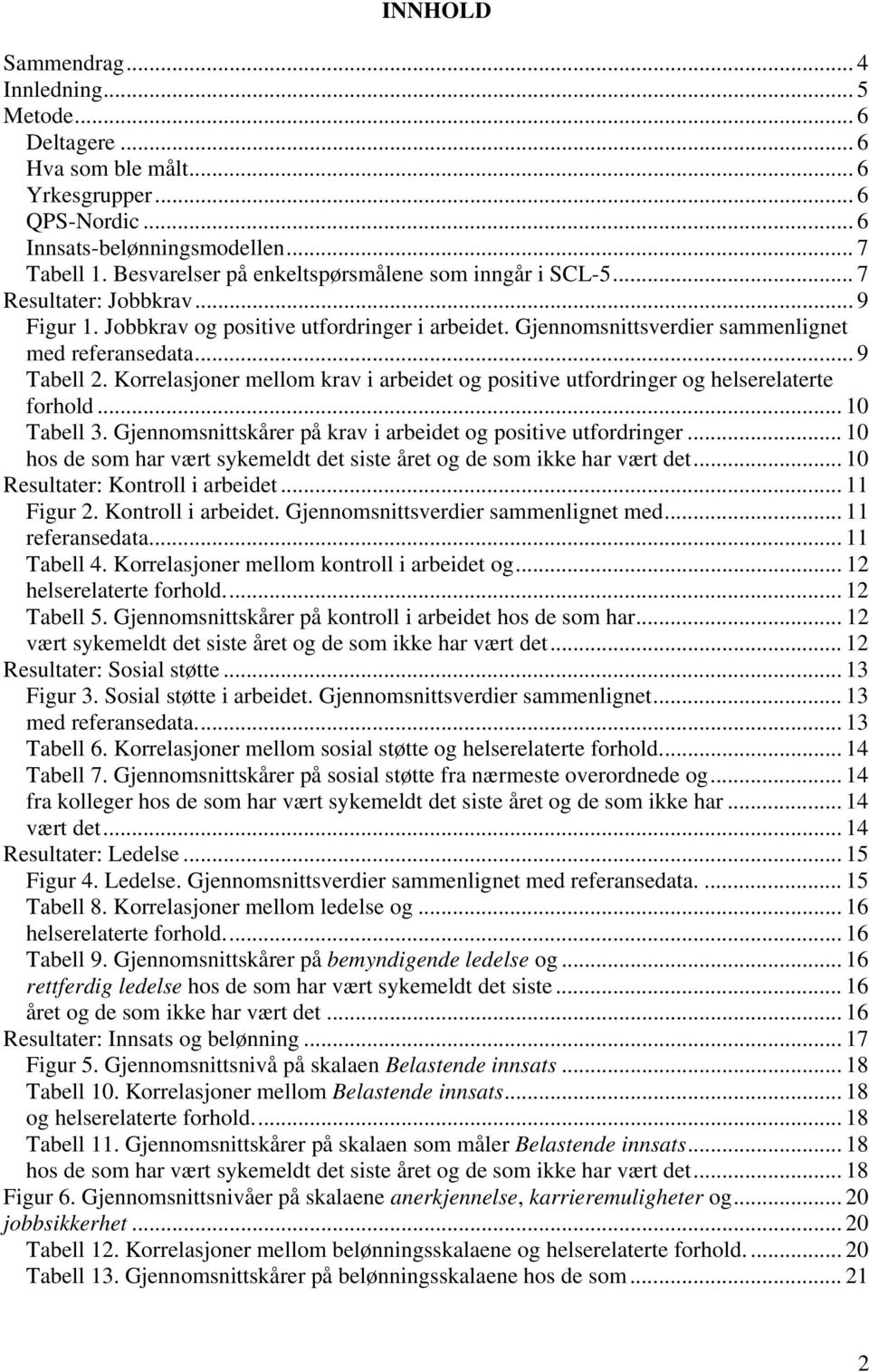 .. 9 Tabell 2. Korrelasjoner mellom krav i arbeidet og positive utfordringer og helserelaterte forhold... 10 Tabell 3. Gjennomsnittskårer på krav i arbeidet og positive utfordringer.