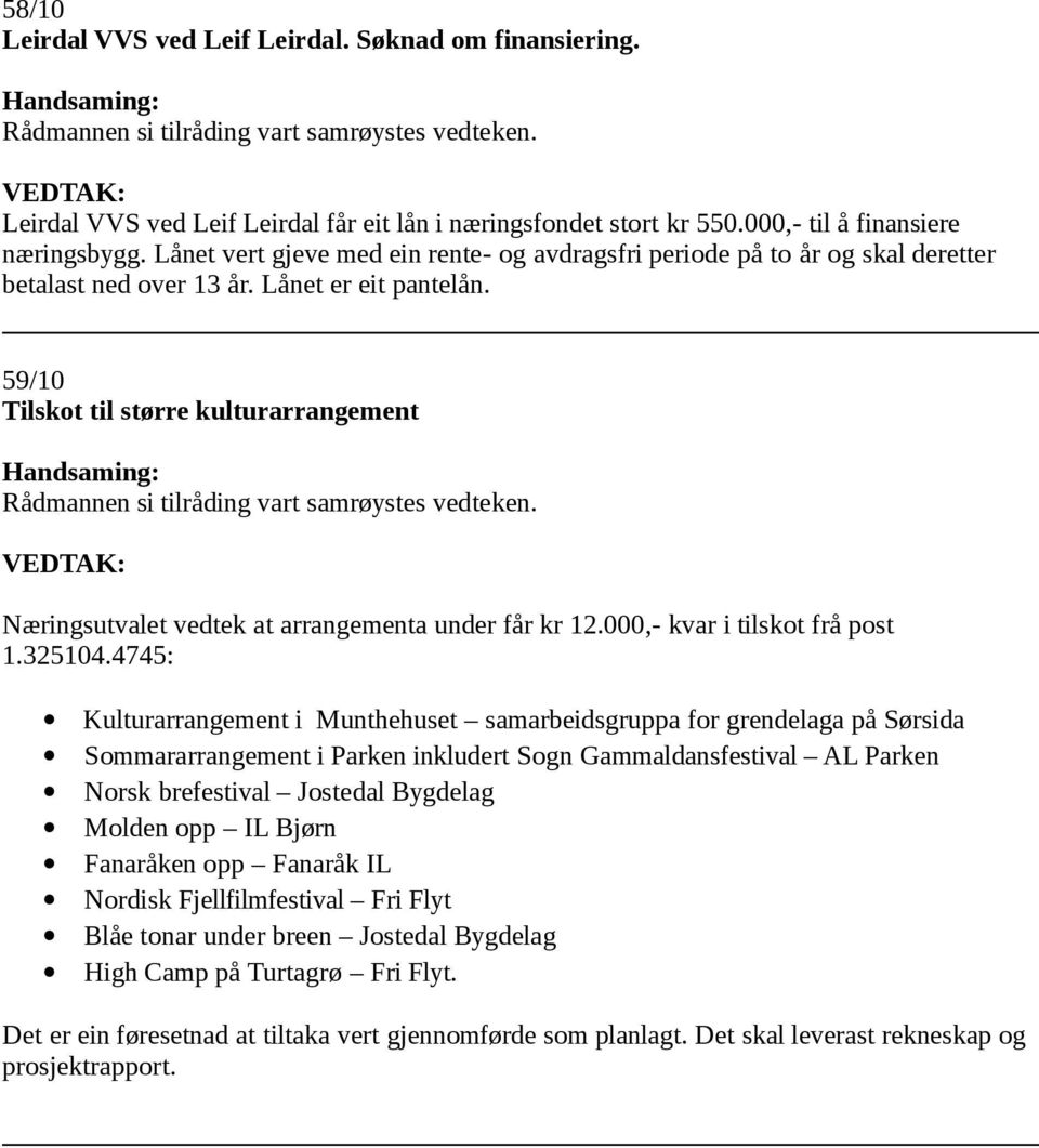 59/10 Tilskot til større kulturarrangement ingsutvalet vedtek at arrangementa under får kr 12.000,- kvar i tilskot frå post 1.325104.