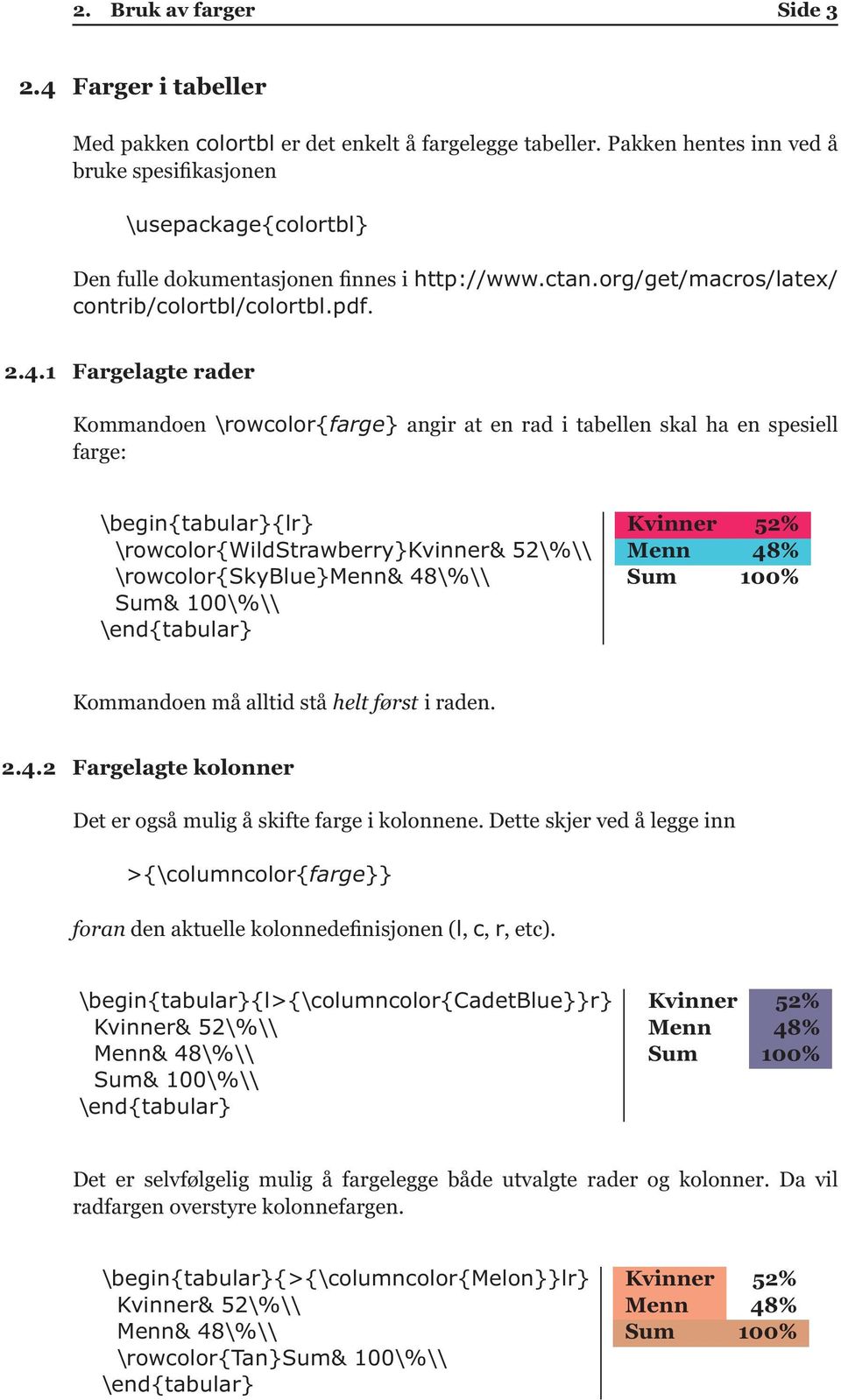 1 Fargelagte rader Kommandoen\rowcolor{farge} angir at en rad i tabellen skal ha en spesiell farge: \begin{tabular}{lr} \rowcolor{wildstrawberry}kvinner& 52\%\\ \rowcolor{skyblue}menn& 48\%\\