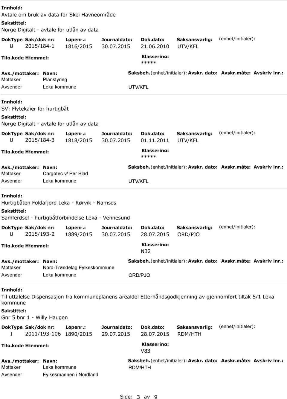 2011 TV/KFL ***** Mottaker Cargotec v/ Per Blad TV/KFL Hurtigbåten Foldafjord Leka - Rørvik - Namsos Samferdsel - hurtigbåtforbindelse Leka - Vennesund 2015/193-2 1889/2015 28.07.