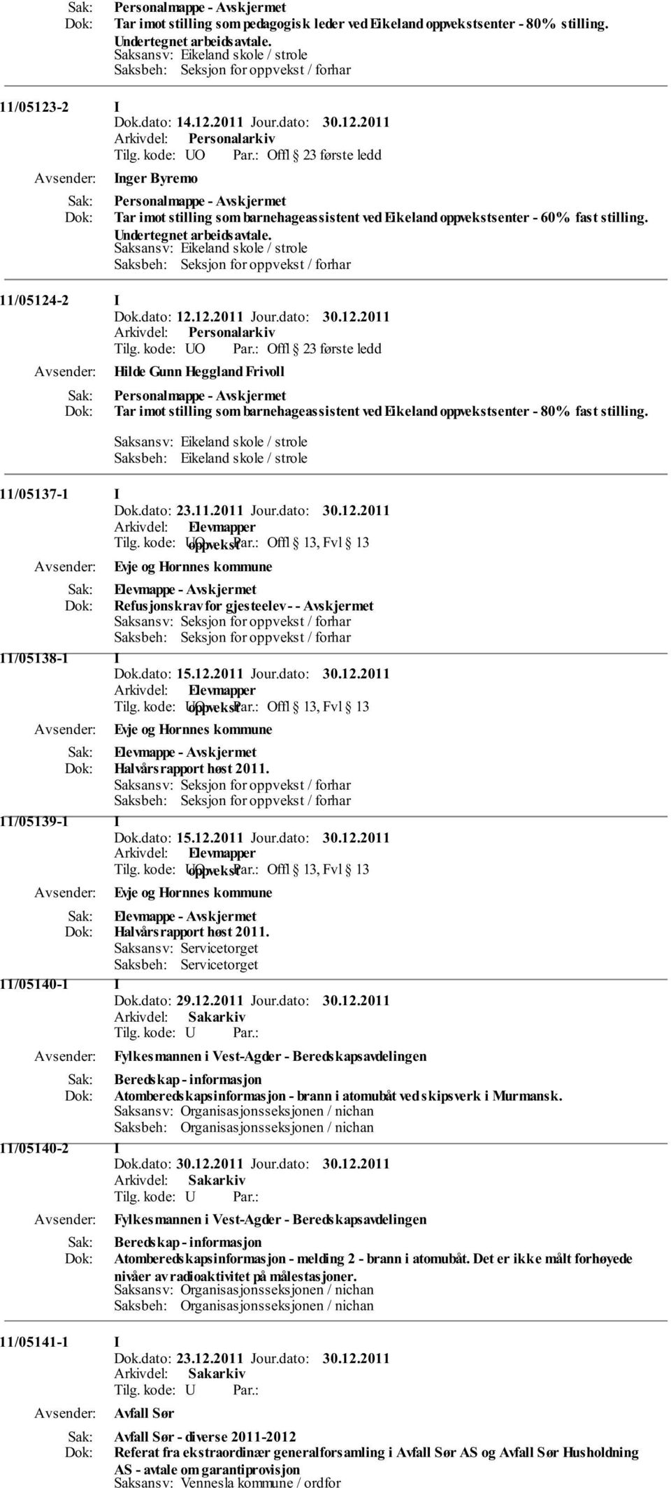 11/05124-2 I Hilde Gunn Heggland Frivoll Tar imot stilling som barnehageassistent ved Eikeland oppvekstsenter - 80% fast stilling. Saksbeh: Eikeland skole / strole 11/05137-1 I Dok.dato: 23.11.2011 Jour.