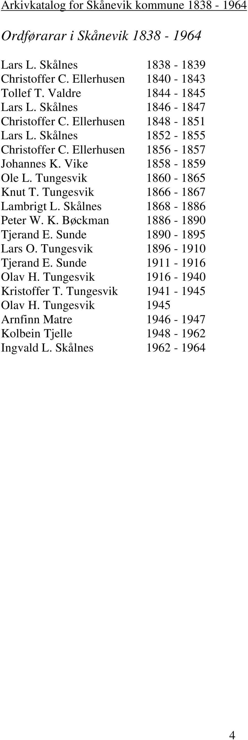 Vike 1858-1859 Ole L. Tungesvik 1860-1865 Knut T. Tungesvik 1866-1867 Lambrigt L. Skålnes 1868-1886 Peter W. K. Bøckman 1886-1890 Tjerand E. Sunde 1890-1895 Lars O.