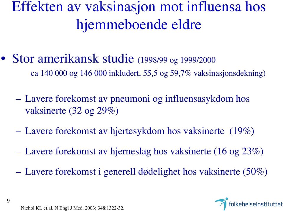 og 29%) Lavere forekomst av hjertesykdom hos vaksinerte (19%) Lavere forekomst av hjerneslag hos vaksinerte (16 og 23%)