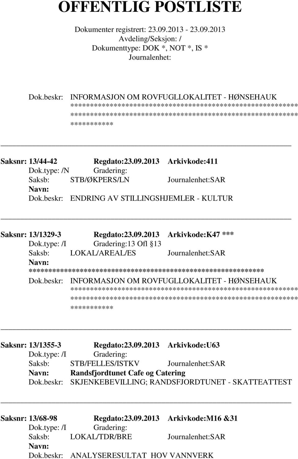 beskr: INFORMASJON OM ROVFUGLLOKALITET - HØNSEHAUK Saksnr: 13/1355-3 Regdato:23.09.