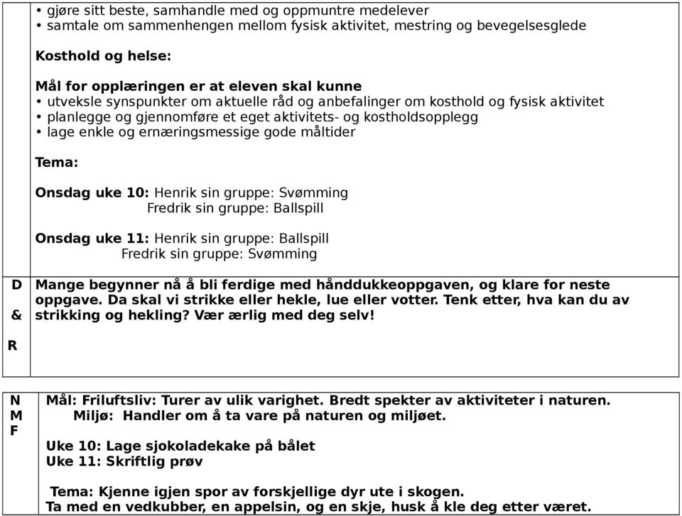 Onsdag uke 10: Henrik sin gruppe: vømming redrik sin gruppe: Ballspill Onsdag uke 11: Henrik sin gruppe: Ballspill redrik sin gruppe: vømming D & ange begynner nå å bli ferdige med hånddukkeoppgaven,