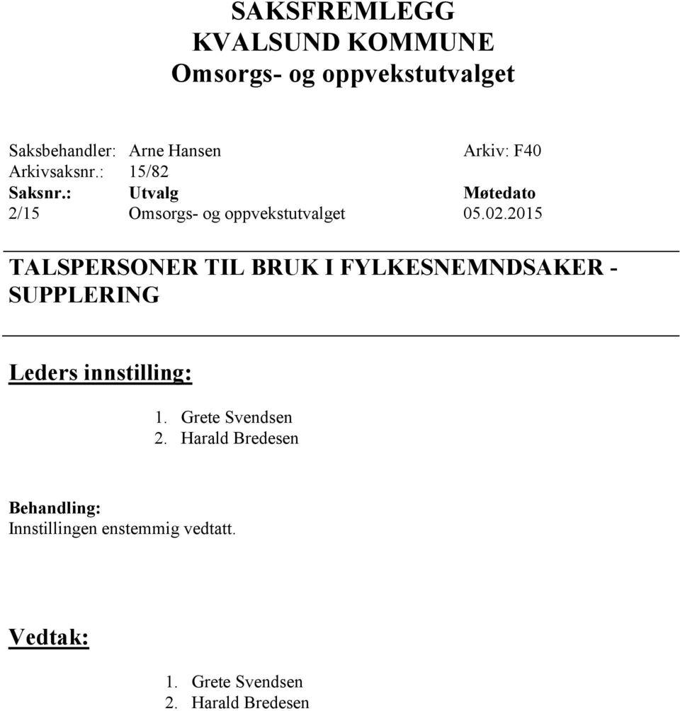 2015 TALSPERSONER TIL BRUK I FYLKESNEMNDSAKER - SUPPLERING Leders innstilling: 1.