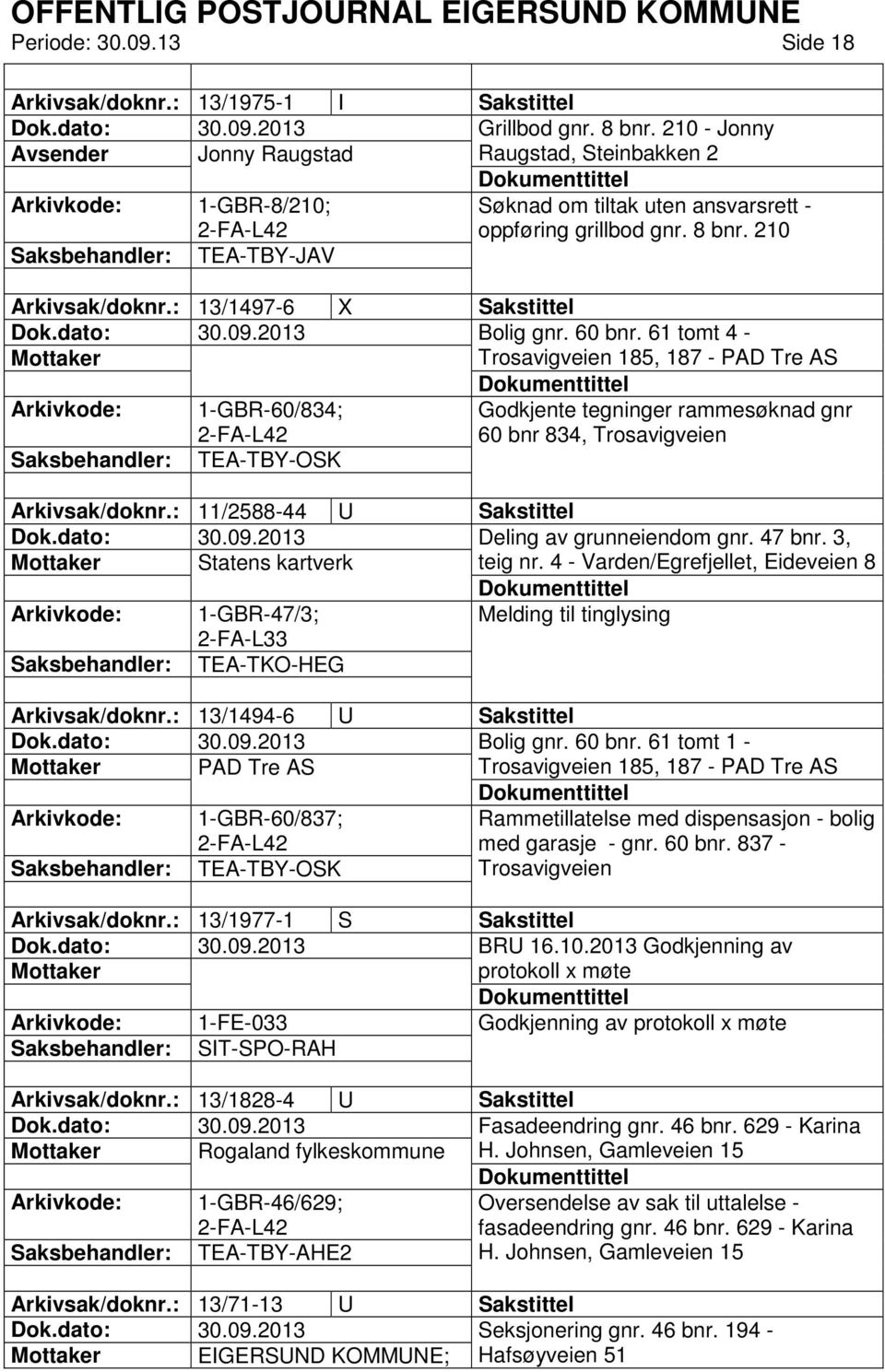 : 13/1497-6 X Sakstittel Bolig gnr. 60 bnr. 61 tomt 4 - Trosavigveien 185, 187 - PAD Tre AS 1-GBR-60/834; TEA-TBY-OSK Godkjente tegninger rammesøknad gnr 60 bnr 834, Trosavigveien Arkivsak/doknr.