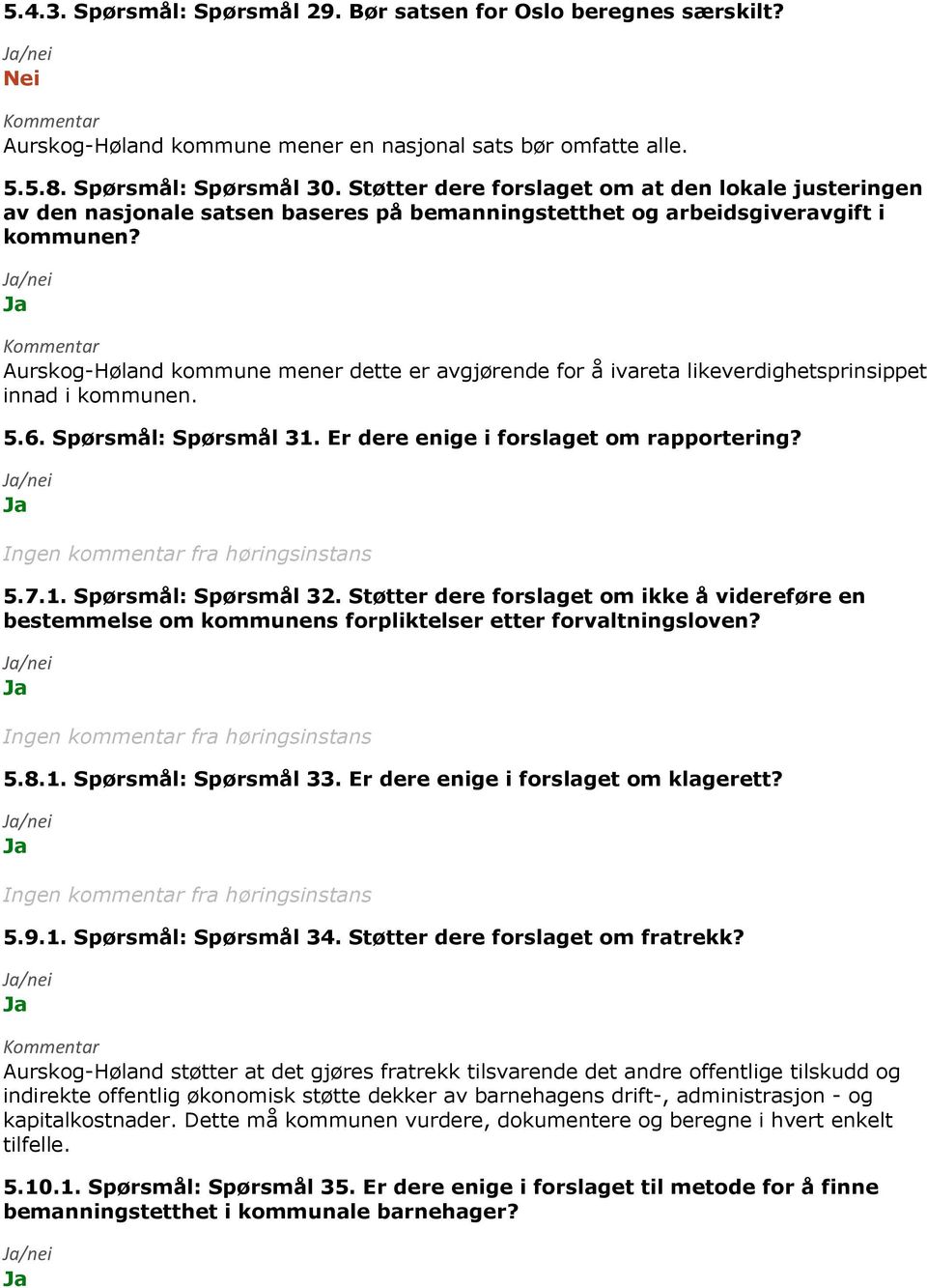 Aurskog-Høland kommune mener dette er avgjørende for å ivareta likeverdighetsprinsippet innad i kommunen. 5.6. Spørsmål: Spørsmål 31. Er dere enige i forslaget om rapportering? 5.7.1. Spørsmål: Spørsmål 32.