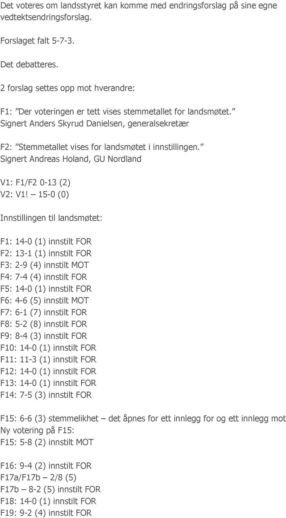 Signert Anders Skyrud Danielsen, generalsekretær F2: Stemmetallet vises for landsmøtet i innstillingen. Signert Andreas Holand, GU Nordland V1: F1/F2 0-13 (2) V2: V1!