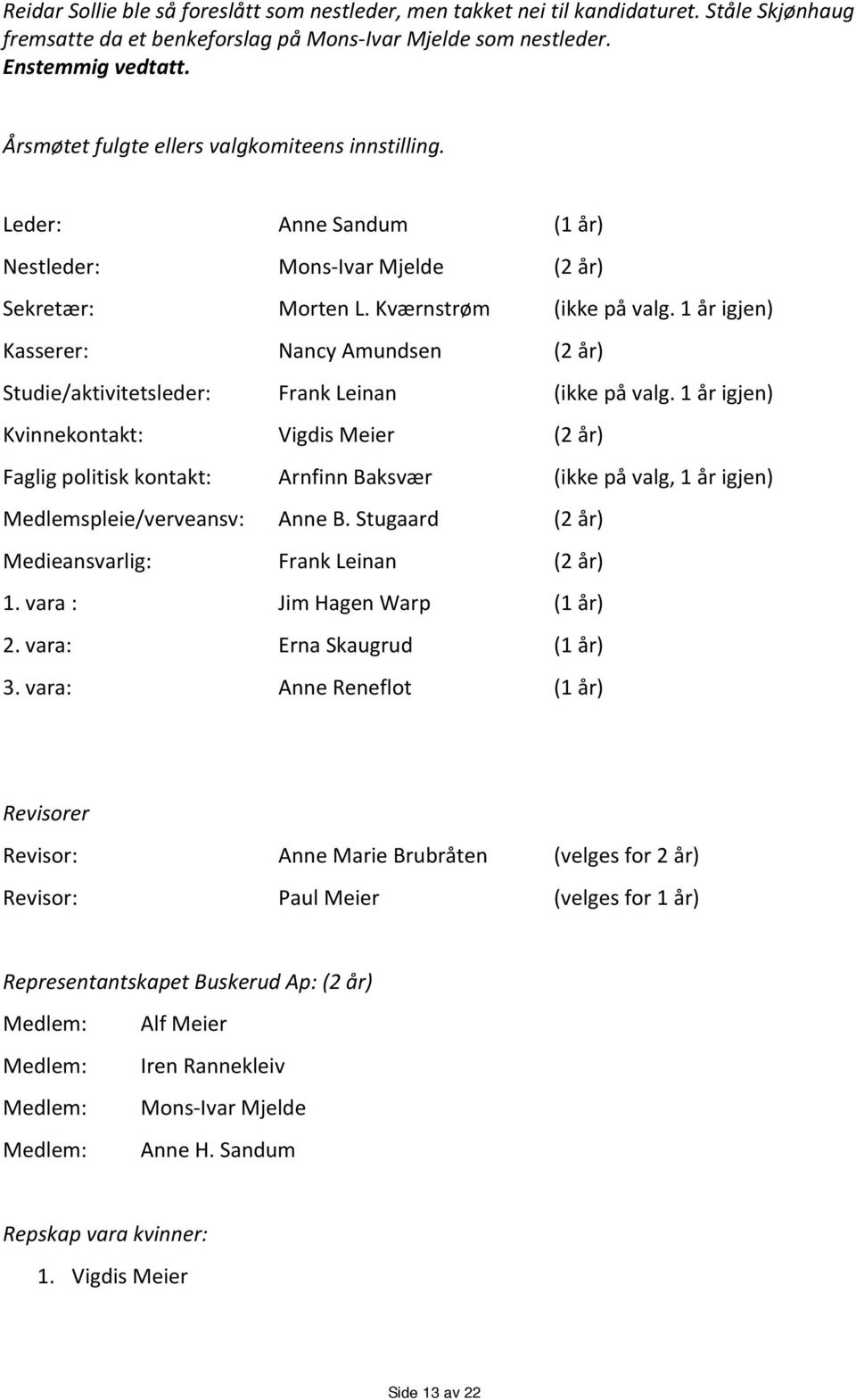 1årigjen) Kasserer: NancyAmundsen (2år) Studie/aktivitetsleder: FrankLeinan (ikkepåvalg.