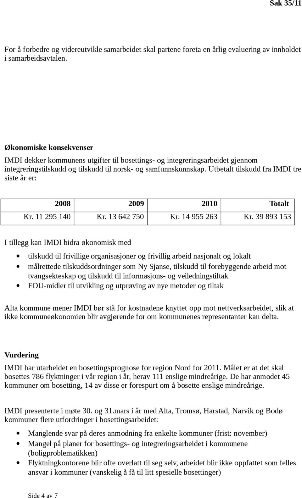 Utbetalt tilskudd fra IMDI tre siste år er: 2008 2009 2010 Totalt Kr. 11 295 140 Kr. 13 642 750 Kr. 14 955 263 Kr.