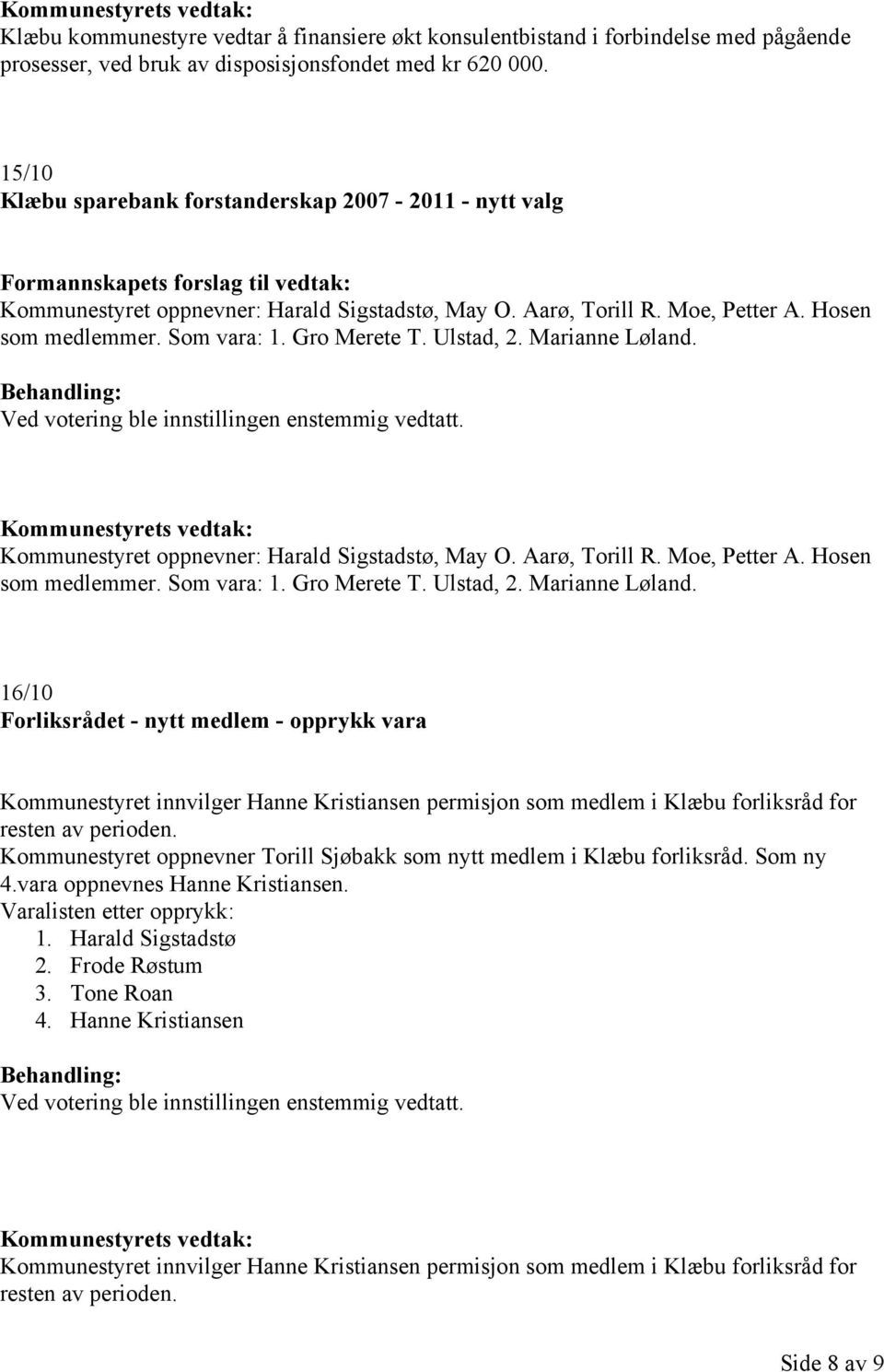 Marianne Løland. Kommunestyret oppnevner: Harald Sigstadstø, May O. Aarø, Torill R. Moe, Petter A. Hosen som medlemmer. Som vara: 1. Gro Merete T. Ulstad, 2. Marianne Løland.