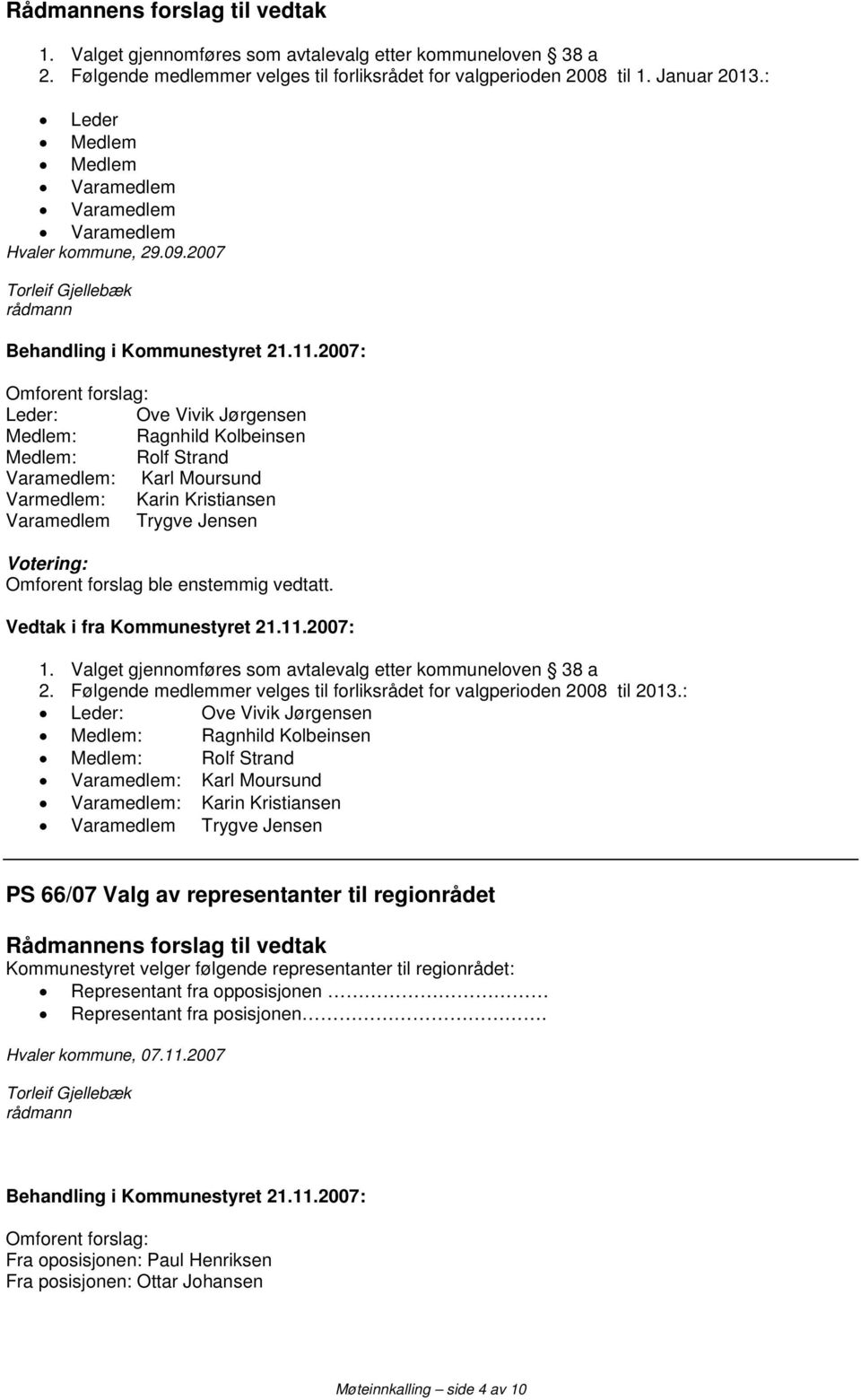 2007 Omforent forslag: Leder: Ove Vivik Jørgensen Medlem: Ragnhild Kolbeinsen Medlem: Rolf Strand Varamedlem: Karl Moursund Varmedlem: Karin Kristiansen Varamedlem Trygve Jensen Vedtak i fra