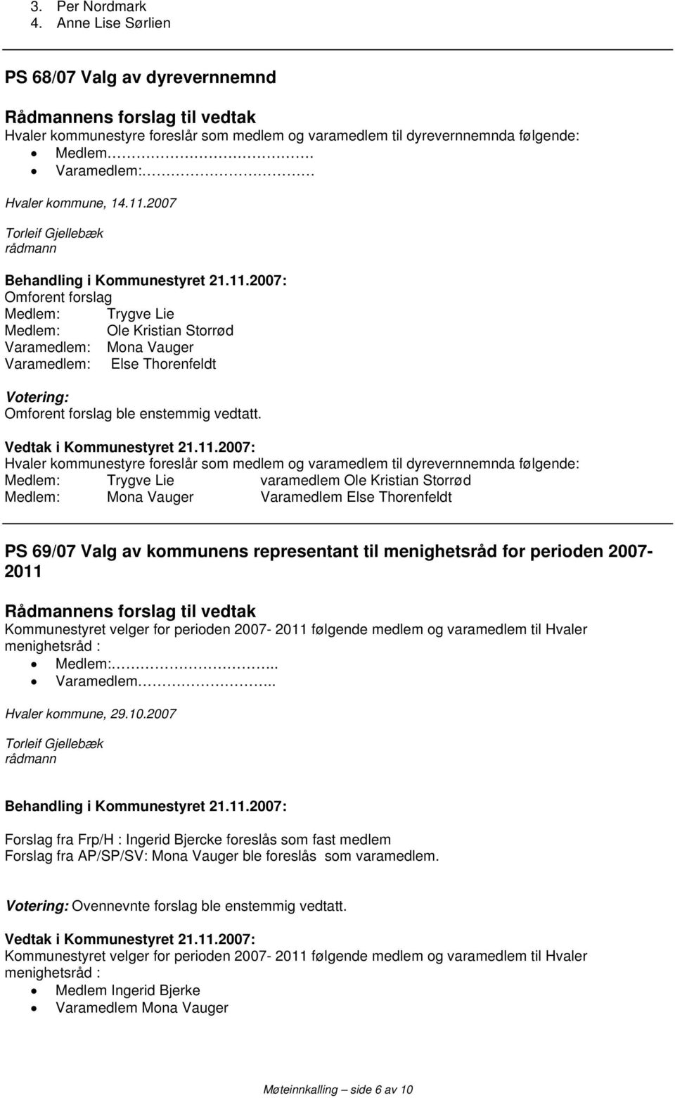 2007: Hvaler kommunestyre foreslår som medlem og varamedlem til dyrevernnemnda følgende: Medlem: Trygve Lie varamedlem Ole Kristian Storrød Medlem: Mona Vauger Varamedlem Else Thorenfeldt PS 69/07