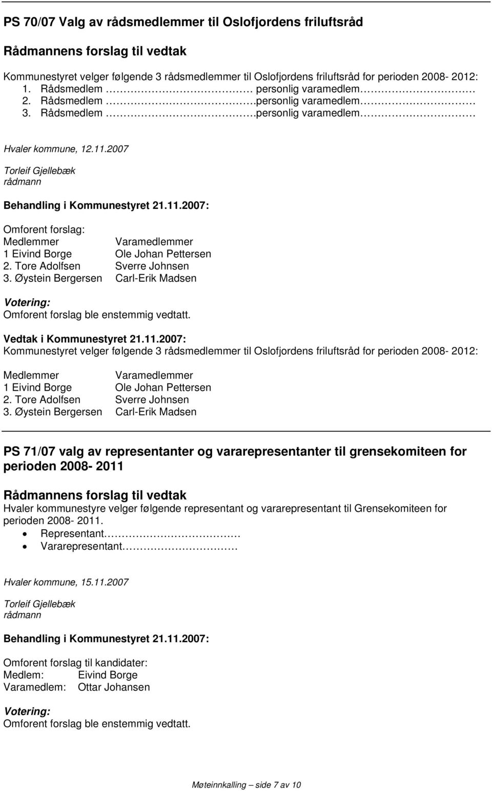 Tore Adolfsen Sverre Johnsen 3. Øystein Bergersen Carl-Erik Madsen Vedtak i Kommunestyret 21.11.