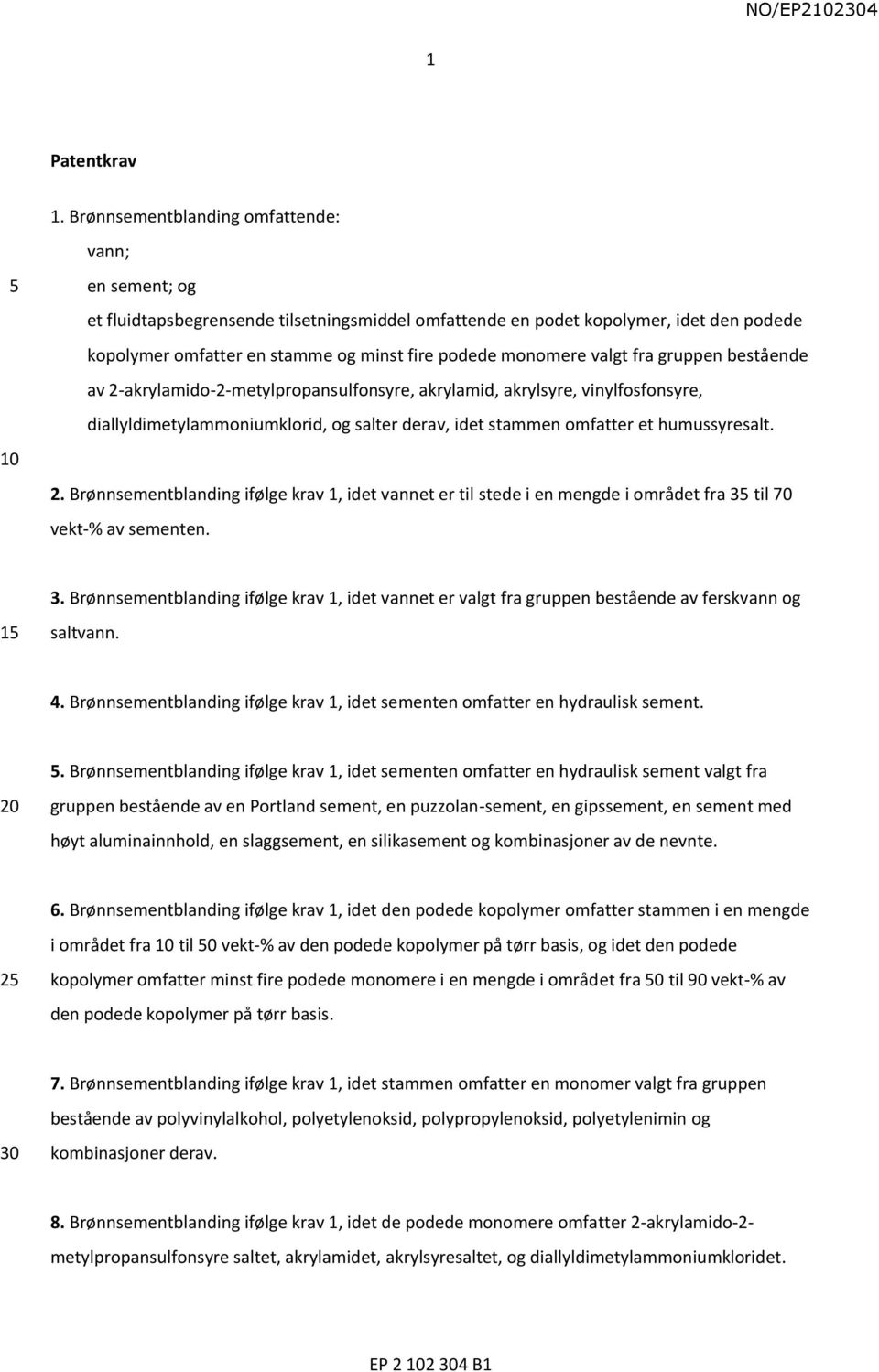 fra gruppen bestående av 2-akrylamido-2-metylpropansulfonsyre, akrylamid, akrylsyre, vinylfosfonsyre, diallyldimetylammoniumklorid, og salter derav, idet stammen omfatter et humussyresalt. 2. Brønnsementblanding ifølge krav 1, idet vannet er til stede i en mengde i området fra 3 til 70 vekt-% av sementen.