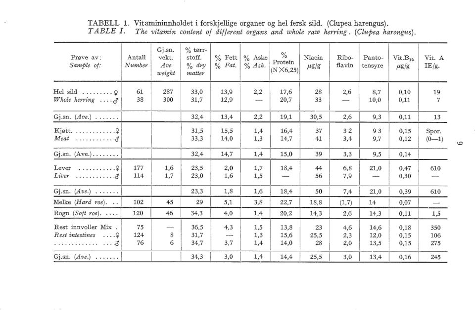 .. Q : 61 287 33,0 13,9 2,2 17,6 28 2,6 8,7 0,10 19 Whoe herring... d' 38 300 31,7 12,9-20,7 33-10,0 0,11 7 Gj.sn. (Ave.)... 32,4 13,4 2,2 19,1 30,5 2,6 9,3 0,11 13 Kjøtt... -~ Meat..... cj' Gj.sn. %tørr- ------- - - 31,5 15,5 1,4 16,4 37 32 93 0,15 Spor.