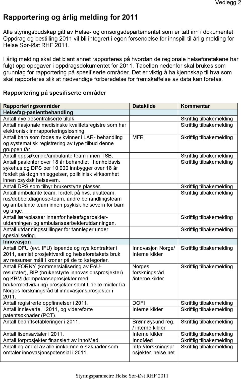 I årlig melding skal det blant annet rapporteres på hvordan de regionale helseforetakene har fulgt opp oppgaver i oppdragsdokumentet for 2011.