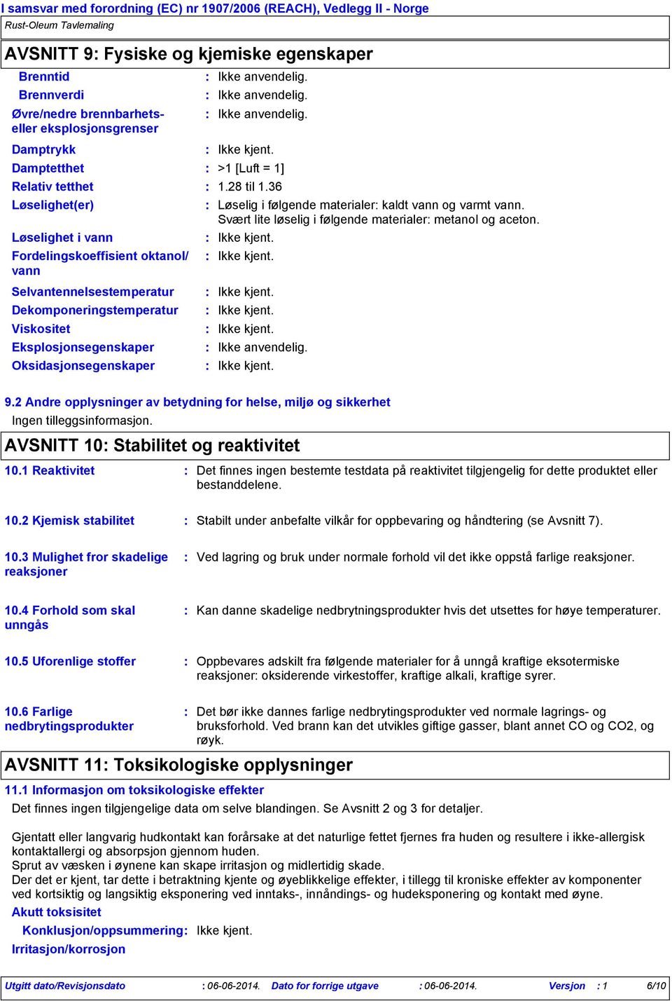 = 1] 1.28 til 1.36 Løselig i følgende materialer kaldt vann og varmt vann. Svært lite løselig i følgende materialer metanol og aceton. 9.