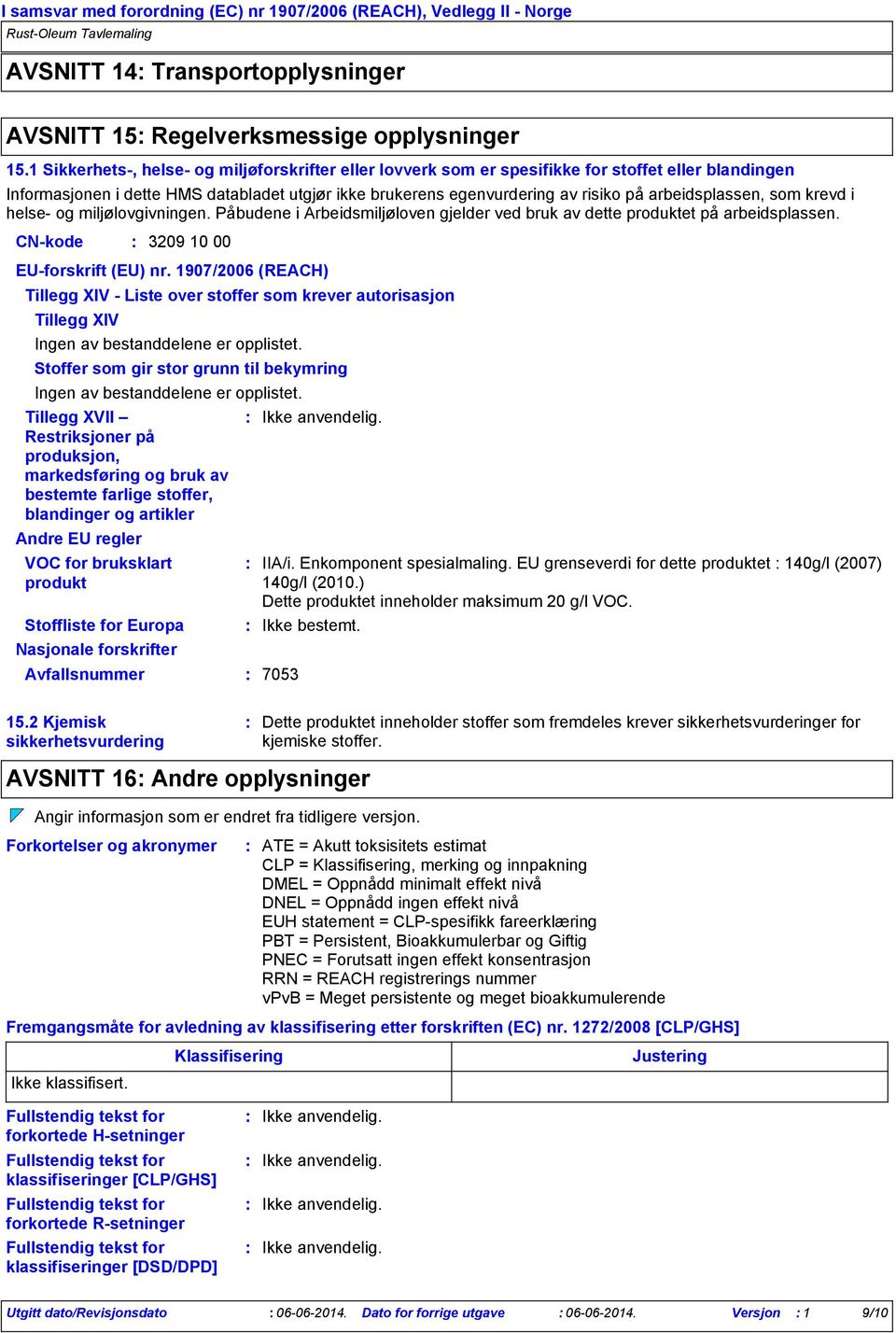 arbeidsplassen, som krevd i helse og miljølovgivningen. Påbudene i Arbeidsmiljøloven gjelder ved bruk av dette produktet på arbeidsplassen. CNkode 3209 10 00 EUforskrift (EU) nr.