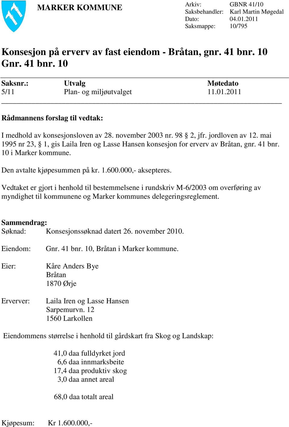 mai 1995 nr 23, 1, gis Laila Iren og Lasse Hansen konsesjon for erverv av Bråtan, gnr. 41 bnr. 10 i Marker kommune. Den avtalte kjøpesummen på kr. 1.600.000,- aksepteres.