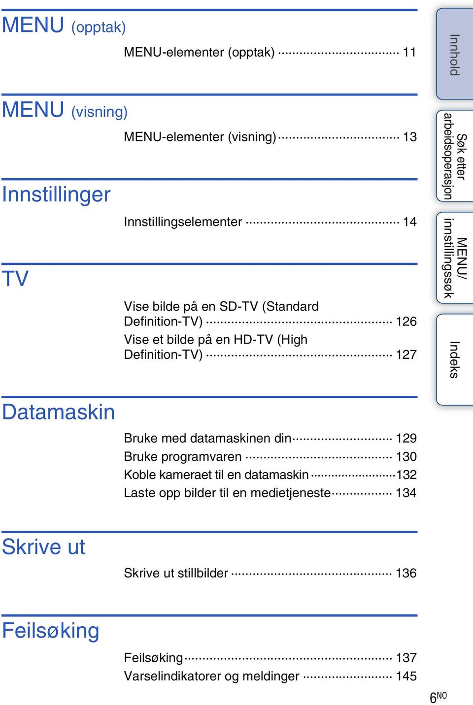 Definition-TV) 127 Datamaskin Bruke med datamaskinen din 129 Bruke programvaren 130 Koble kameraet til en datamaskin