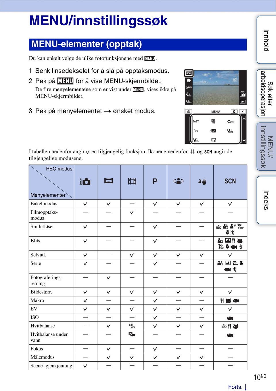 3 Pek på menyelementet t ønsket modus. I tabellen nedenfor angir en tilgjengelig funksjon. Ikonene nedenfor og angir de tilgjengelige modusene.