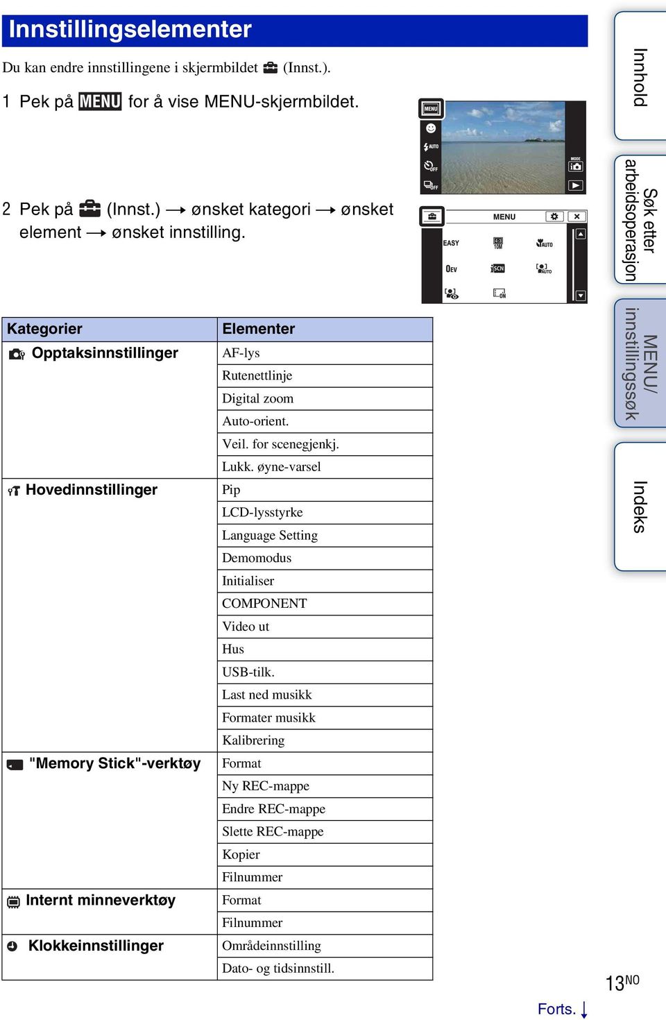 Kategorier Opptaksinnstillinger Hovedinnstillinger "Memory Stick"-verktøy Internt minneverktøy Klokkeinnstillinger Elementer AF-lys Rutenettlinje Digital zoom