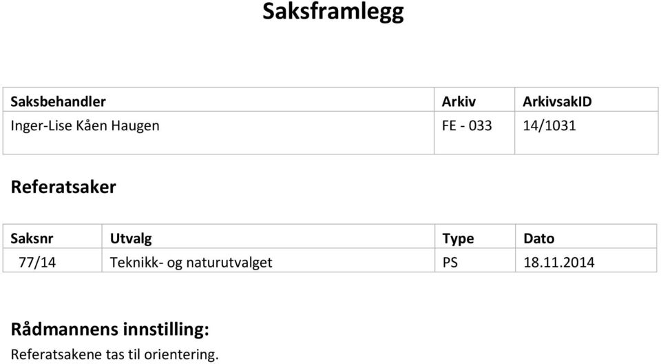 Type Dato 77/14 Teknikk- og naturutvalget PS 18.11.