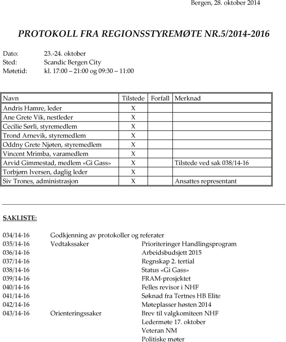 Mrimba, varamedlem Arvid Gimmestad, medlem «Gi Gass» Tilstede ved sak 038/14-16 Torbjørn Iversen, daglig leder Siv Trones, administrasjon Ansattes representant SAKLISTE: 034/14-16 Godkjenning av