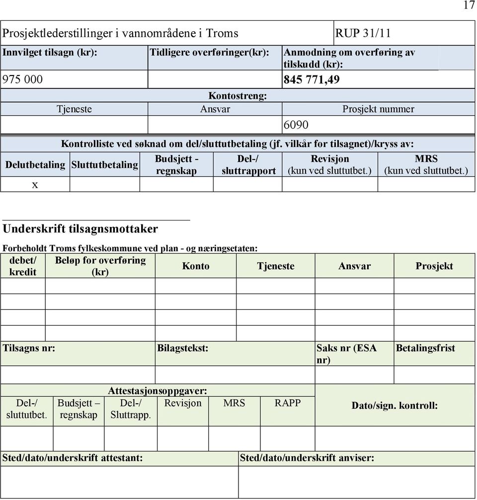 vilkår for tilsagnet)/kryss av: Delutbetaling Sluttutbetaling x Budsjett - regnskap Underskrift tilsagnsmottaker Del-/ sluttrapport Revisjon (kun ved sluttutbet.) 17 MRS (kun ved sluttutbet.